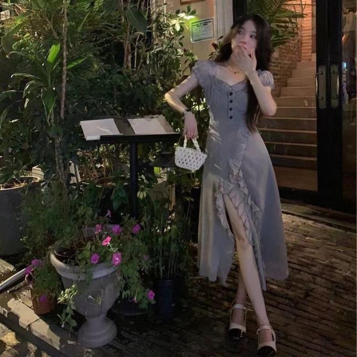 FD120 Summer Temperament Slim French Ruffle Fairy Long Dress Stunning