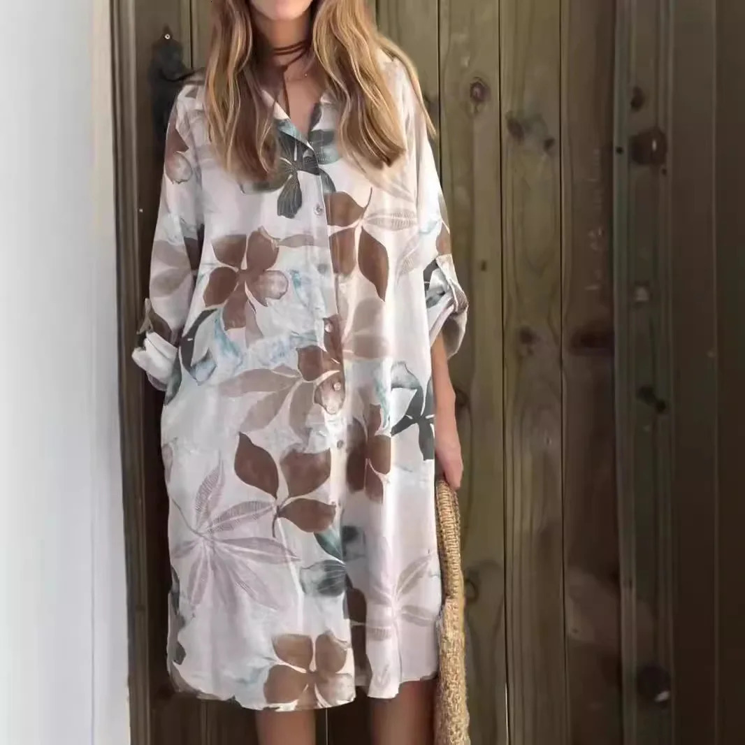 Womens Spring Summer Loose Shirt Dress Fashionable Floral Print Vneck Longsleeved Singlebreasted Cotton And Linen Dress 250611