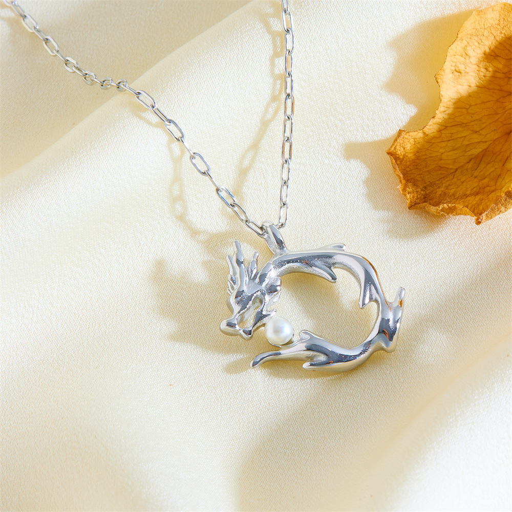 Fashion Light Personality Pearl Dragon Totem Necklace for Women High-end Design Titanium Steel Non-fading Jewelry