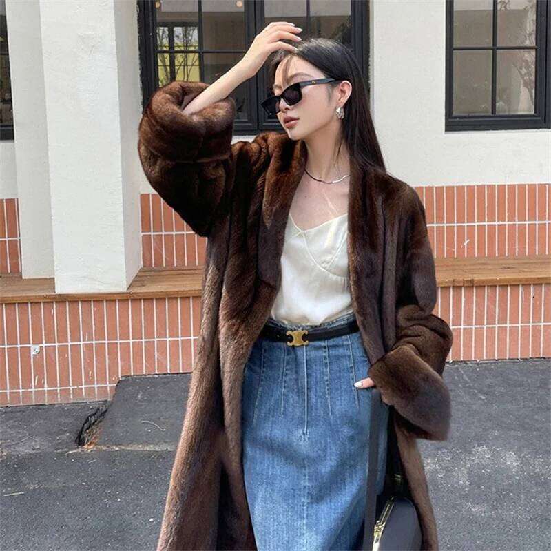 2024 Women Winter Jacket V-Neck Loose Fashionable Warm Ecological Mink Fur Lady Coat Casual Long Parkas Brown