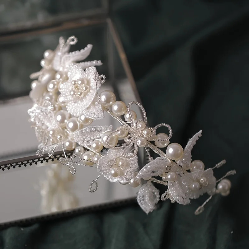 Silver Color Pearl Crystal Hairband Tiara Headbands Bridal Hair Jewelry Wedding Hair Accessories Flower Women Party Hair Vines 250610