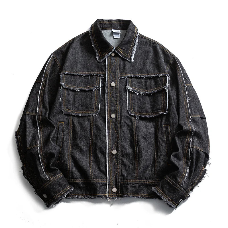 Men Denim Tassels Loose Casual Streetwear Oversize Vintage Fashion Cargo Jacket Cityboy Jeans Bomber Coat Unisex Outerwear 250614