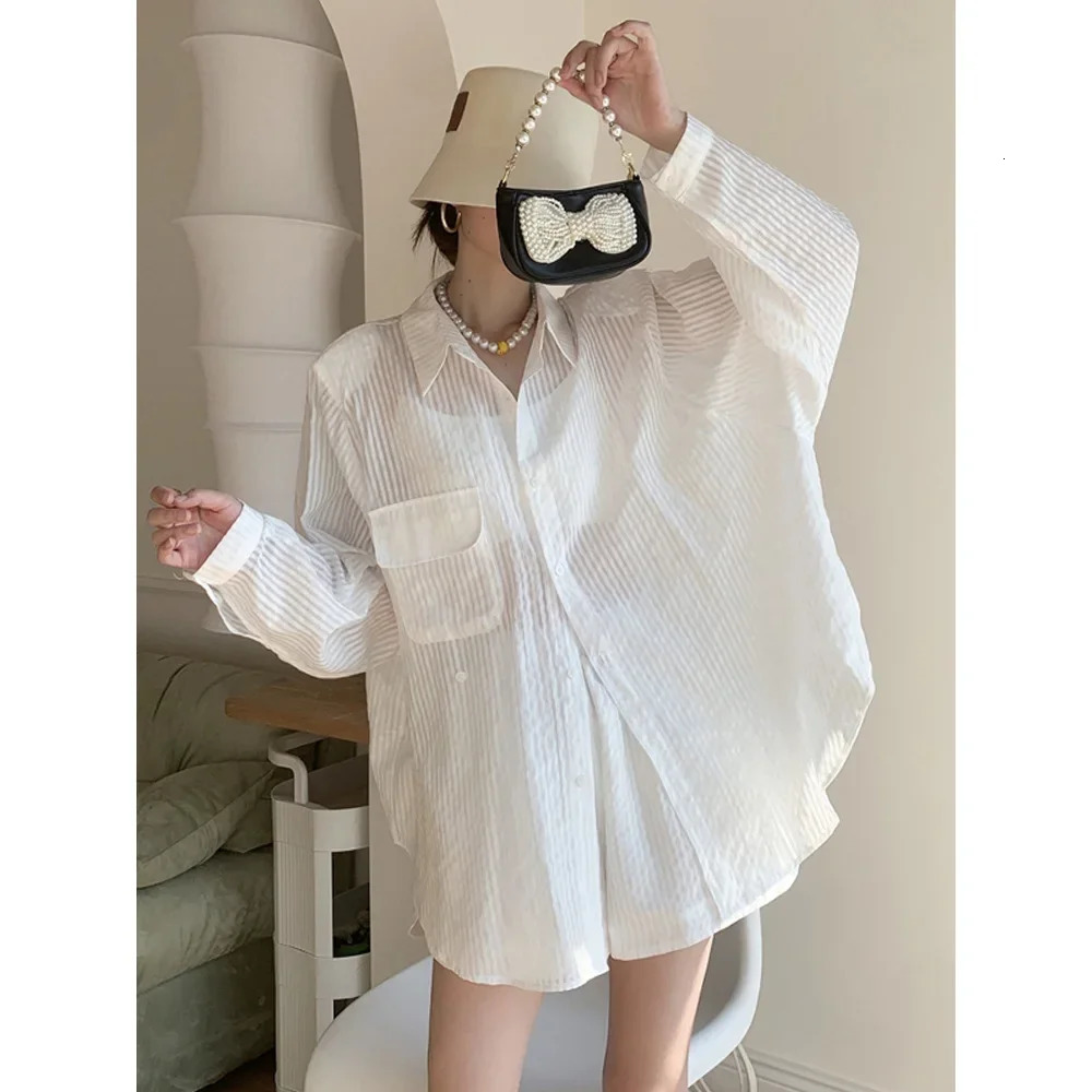 Fashionable Casual Striped Set Womens Summer Thin Loose Sun Protection Top Shorts TwoPiece Set Stylish Polyester Fiber 250609