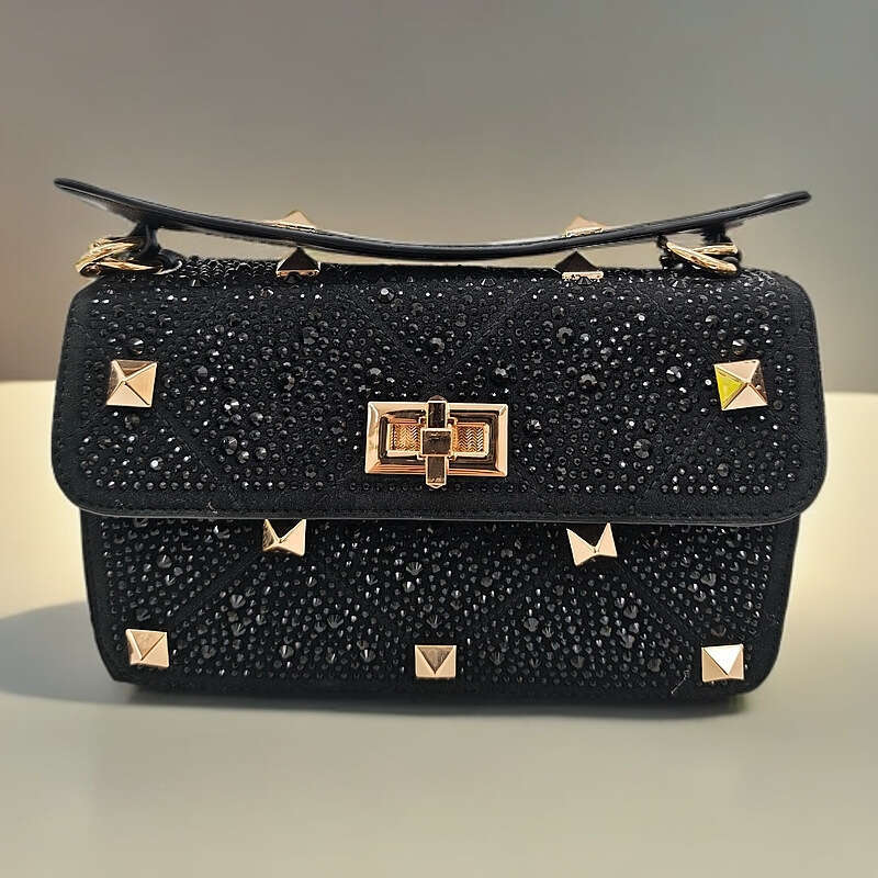 Fashion Studded Women's Rhinestone Chain High-end Genuine Leather Inlaid Shoulder Handbag Crossbody Bag