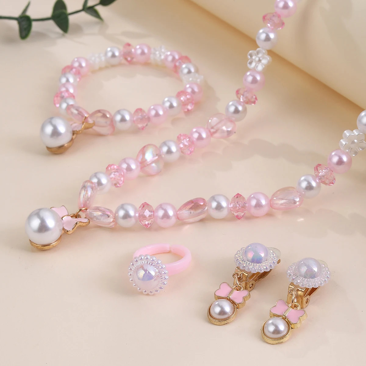4Pcs Butterfly Ring Necklace Bracelet Earrings Little Girl Toddler Simulated Pearl Jewelry Set Little Princess Kids Play Gifts 250609