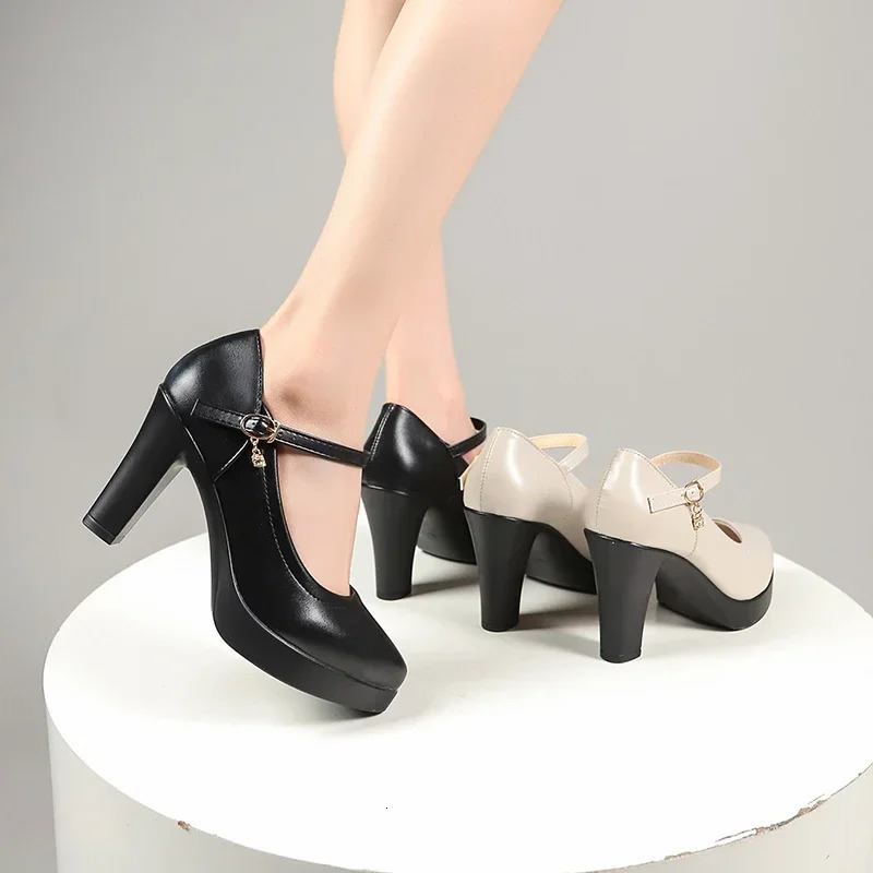 Ankle Strap Thick Heels Pumps for Women Pu Leather Office High Heeled Shoes Womans Elegant Platform Mary Jane Shoes Casual 250614
