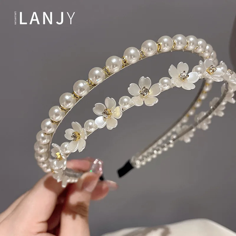 Korean network infrared departure hair accessories headband for women feminine hair bands pressed double-layer pearl flower band 250610