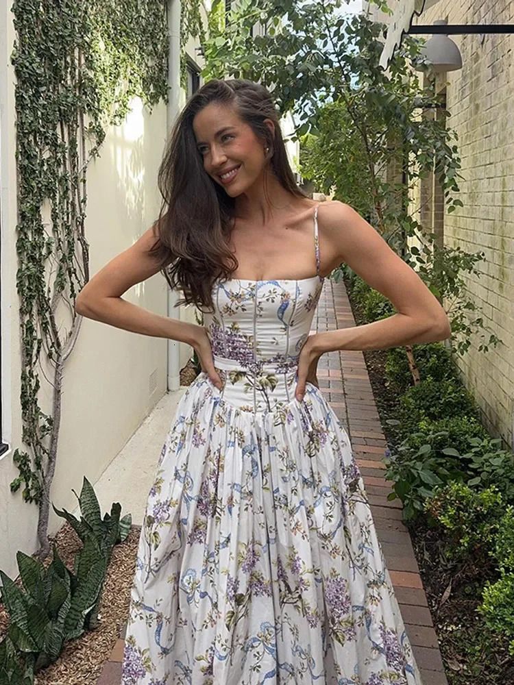 Elegant High Waist Pleated Print Long Dress For Women Fashion Backless Sleeveless Aline Dresses Summer Vacation Streetwear 250611