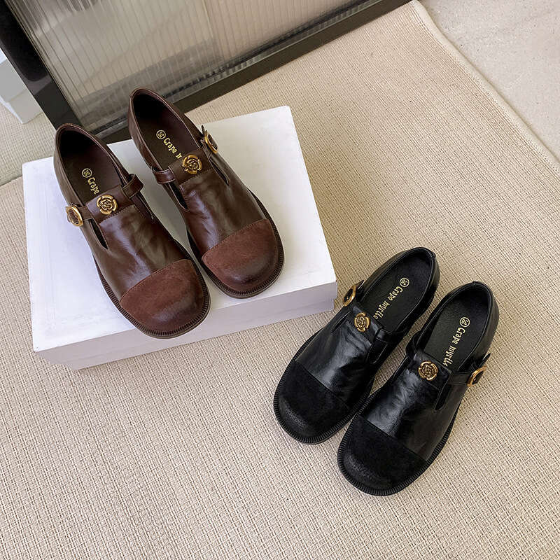Cowhide Version Spring New T-Buckle Mary Jane Women Brown Loafers hot Low Heel Single Small Leather Shoes Trendy