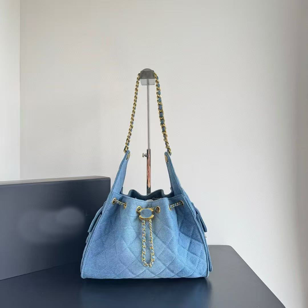 Fashion solid color plaid vintage denim crossbody bag pull rope open and close suitable for womens daily travelll