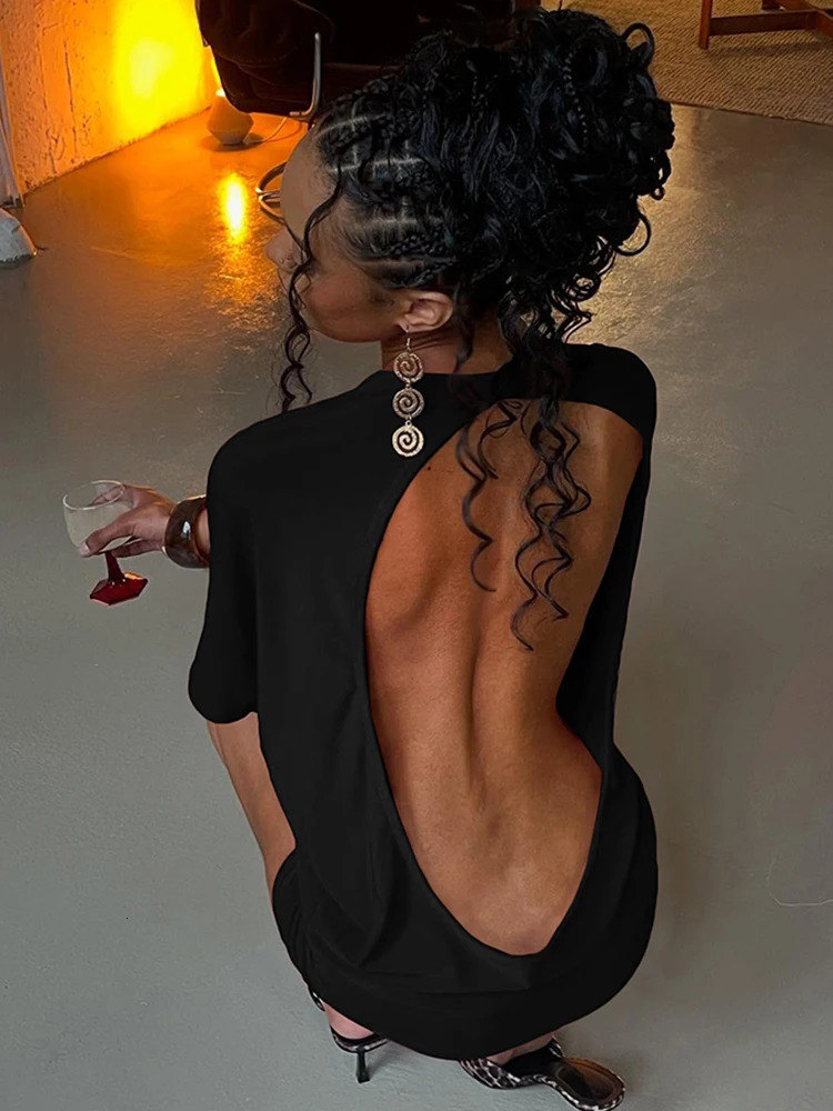 Nibber ONeck Sexy Backless Mini Dress Women Y2K Solid Trend Style Half Sleeve Spicy Girls Street Midnight Fashion Slim Outfits 250611