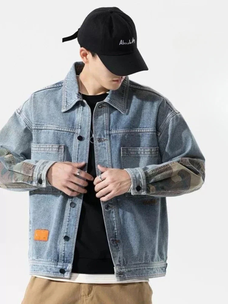 Jeans Coat for Men Wide Sleeves Black Denim Jackets Man Cargo Camouflage Fashion Big Size in One Piece Washed G Vintage L S 250614