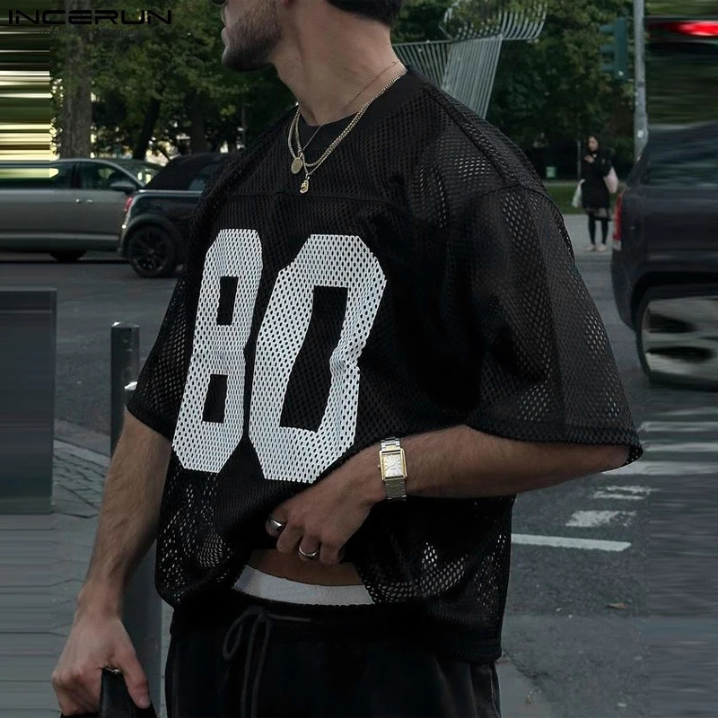 INCERUN Mesh Splicing Loose T-Shirts Men Short Sleeve Hollow Casual Summer Digital Printing Oversize Tops 250614