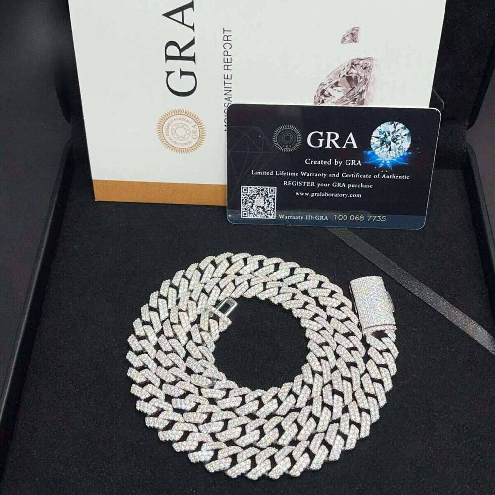 12 mm Hip Hop Rapper Jewelry 2 Rows Iced Out High Quality Miami Cuban Link Chain Vvs Moissanite Sier for Men Necklace