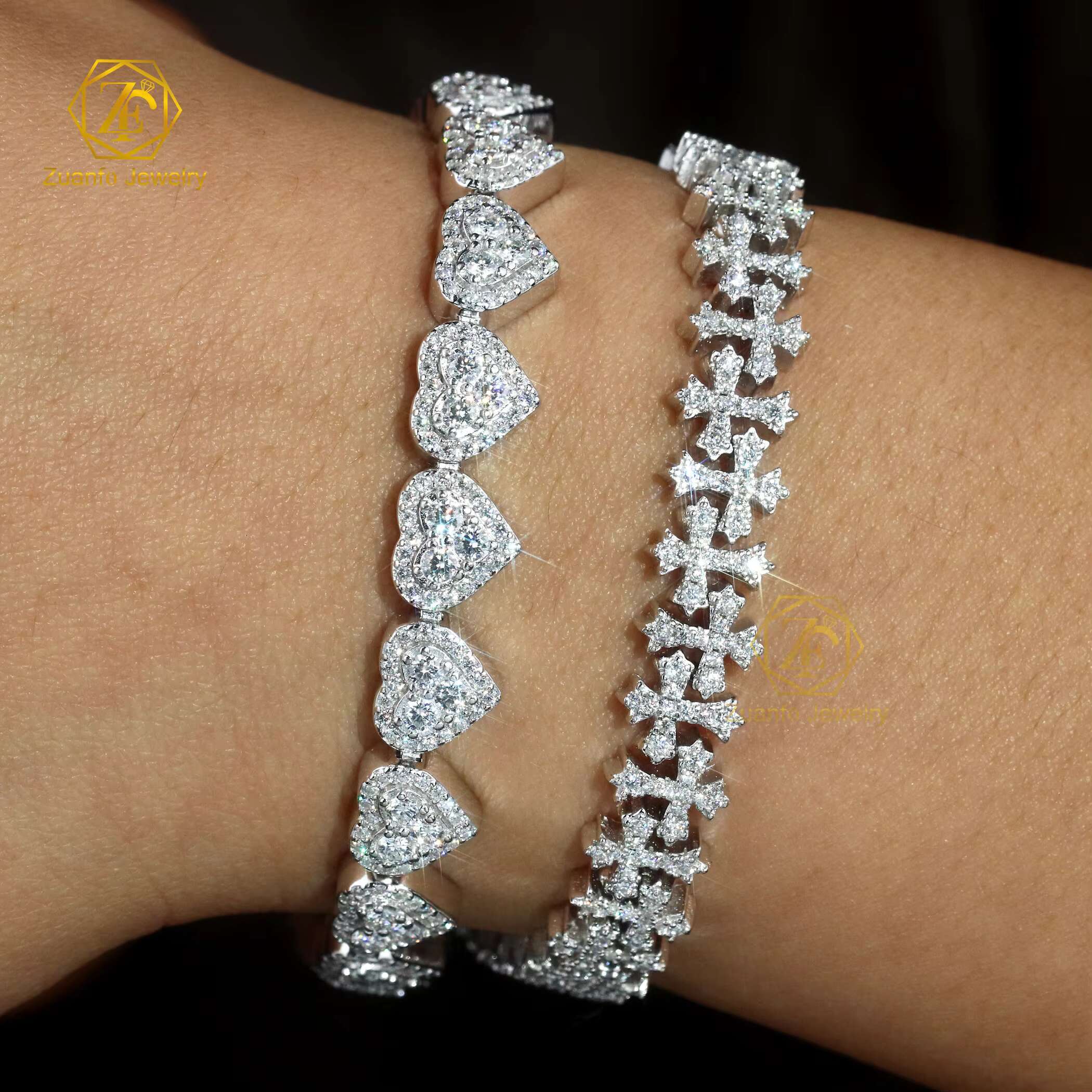 Cross Heart Shape 925 Solid Silver Iced Out GRA VVS Moissanite Bracelet for Women/mens Jewelry