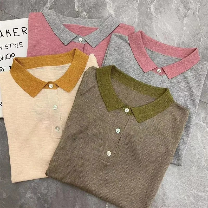 Polo Neck T Shirt for Women Summer Outfit Baggy Contrast Color Woman Tshirt Y2k Fashion Clothing Trend 2025 Pretty Basic 250609