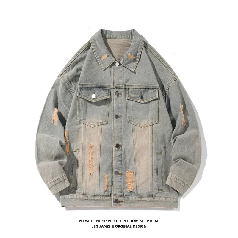 Vintage Washed Distressed Cowboy Jacket High Street Americanstyle Denim Large Size Male Jeans Coat 250614