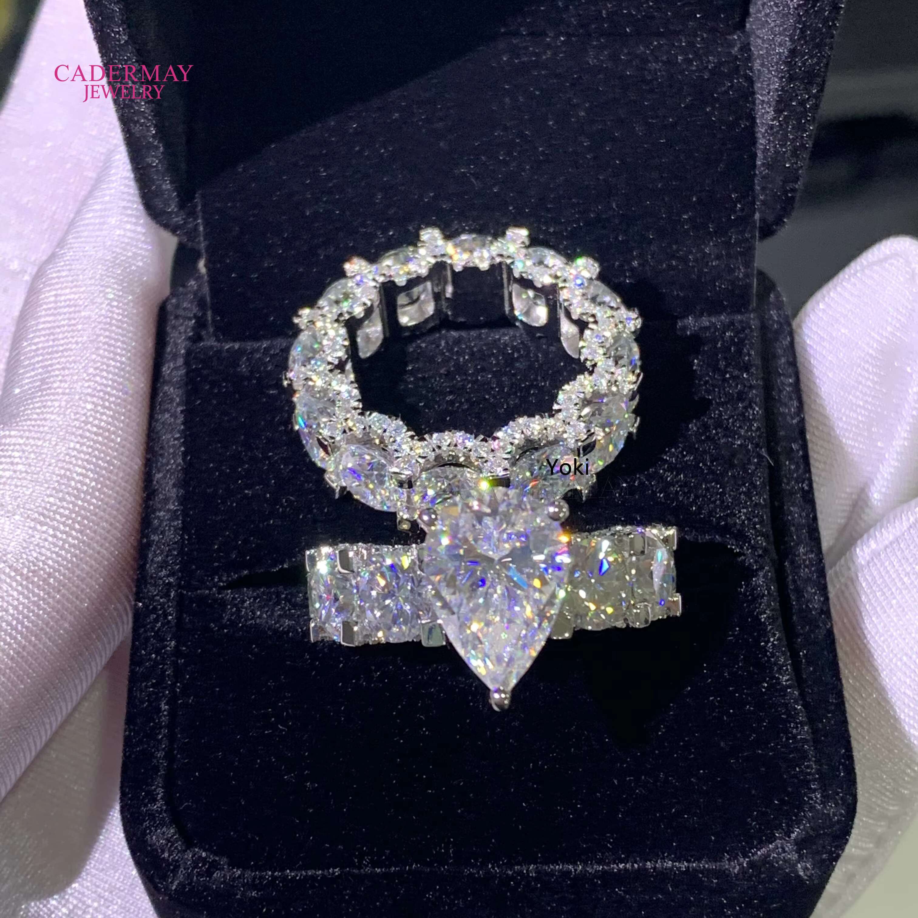 Luxury 5ct 925 Sterling Silver Moissanite Ring 6mm Eternity Band 9x13mm Pear Cut Moissanite Diamond Wedding Engagement Halo Ring