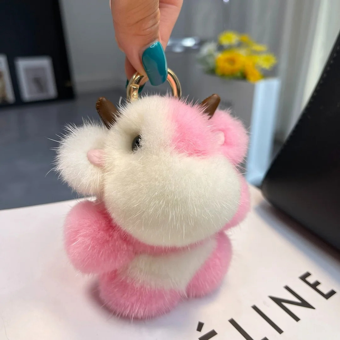 Real Mink Fur Keycahain Cute Mini Calf Doll Keyring Plush Toys Pendant Creative Animal Key Holder Girls Women Bag Accessories 250610