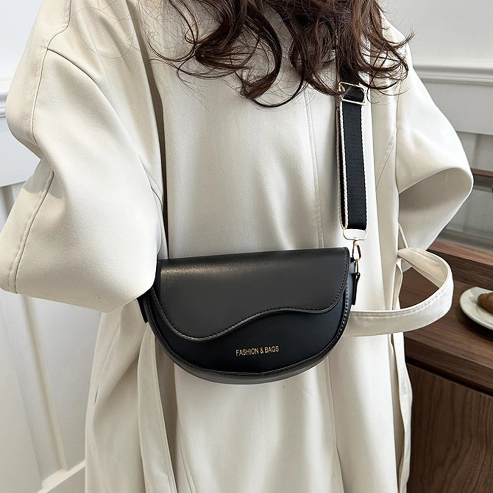 Women Vintage Solid Color Flap Small Saddle Shoulder Underarm Bag Fashion PU Leather Wide Strap Crossbody ADH 250614