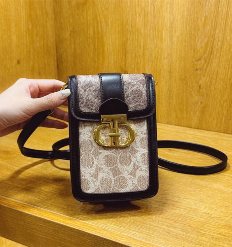 Free shipping designer mobile phone bag, women's trendy printed crossbody, contrasting color single shoulder bag, vertical small square bag, mini bag black