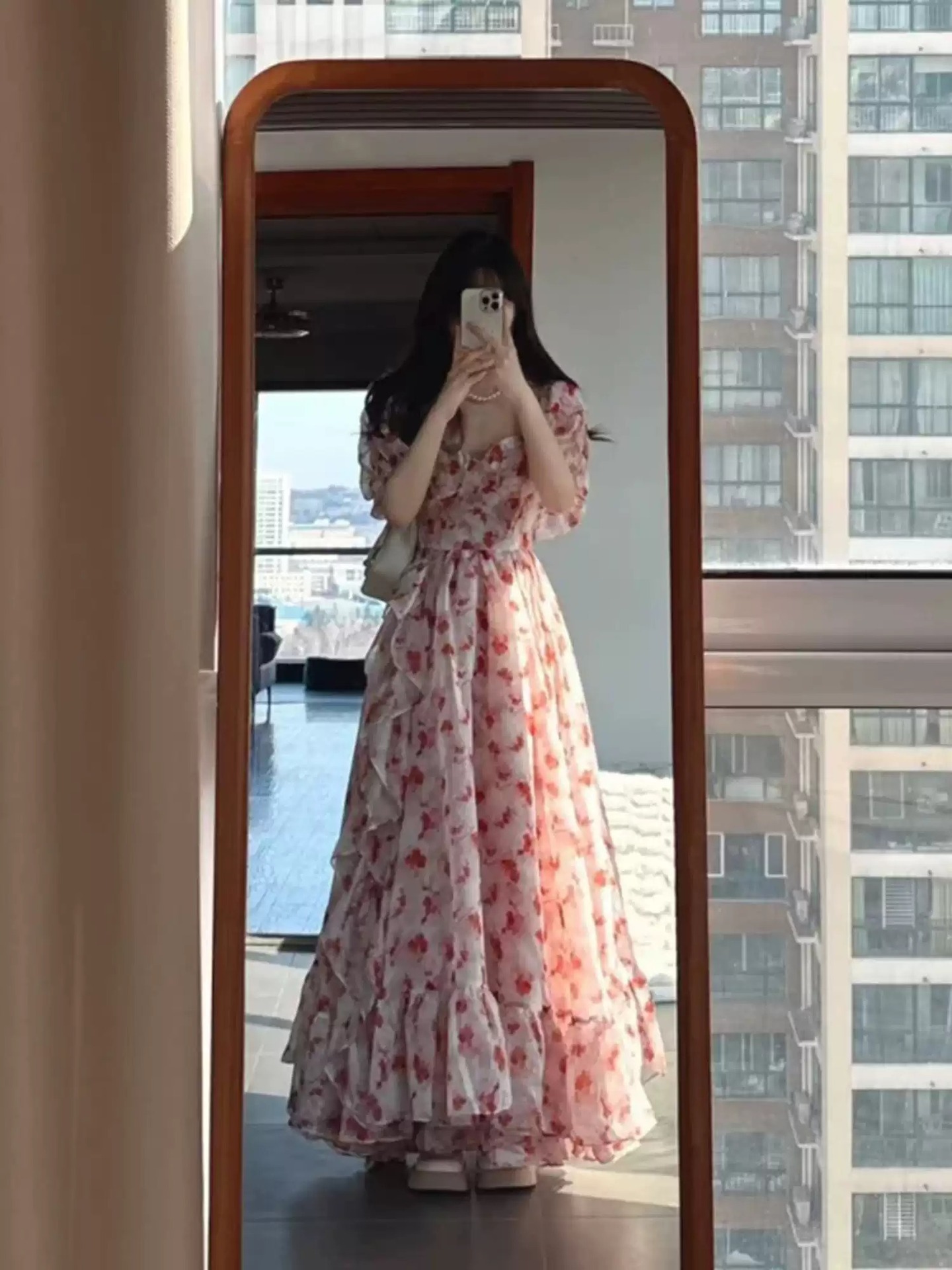 PD171 Pink square neck strapless floral dress for women with waist and wide swing, seaside holiday style long dress