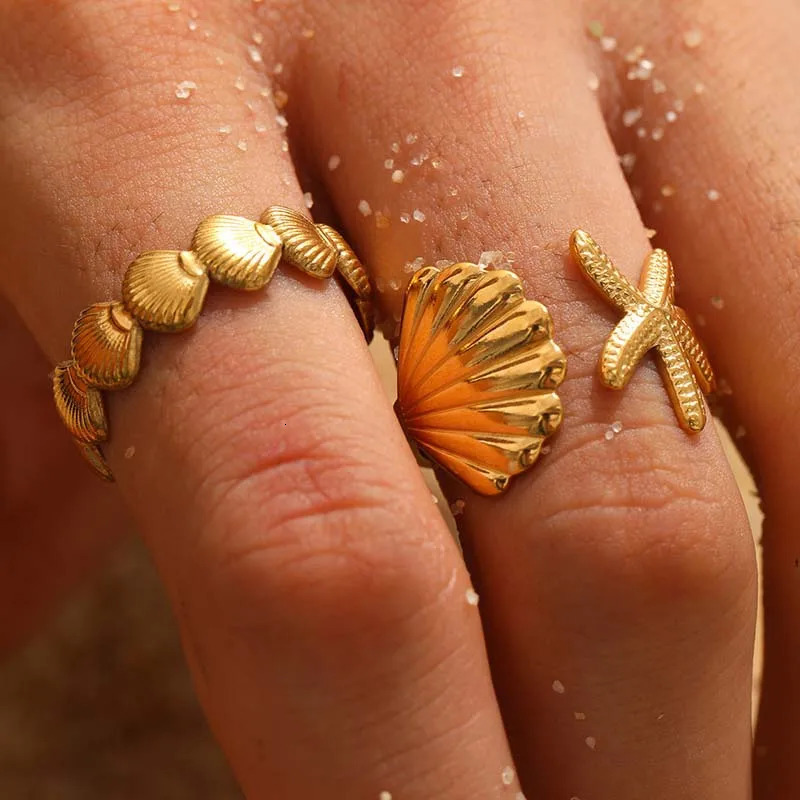 Stainless Steel Sea Star Shell Open Rings For Women Men Vintage Gold Color Adjustable Finger Ring Jewelry Beach Party Gifts 250610