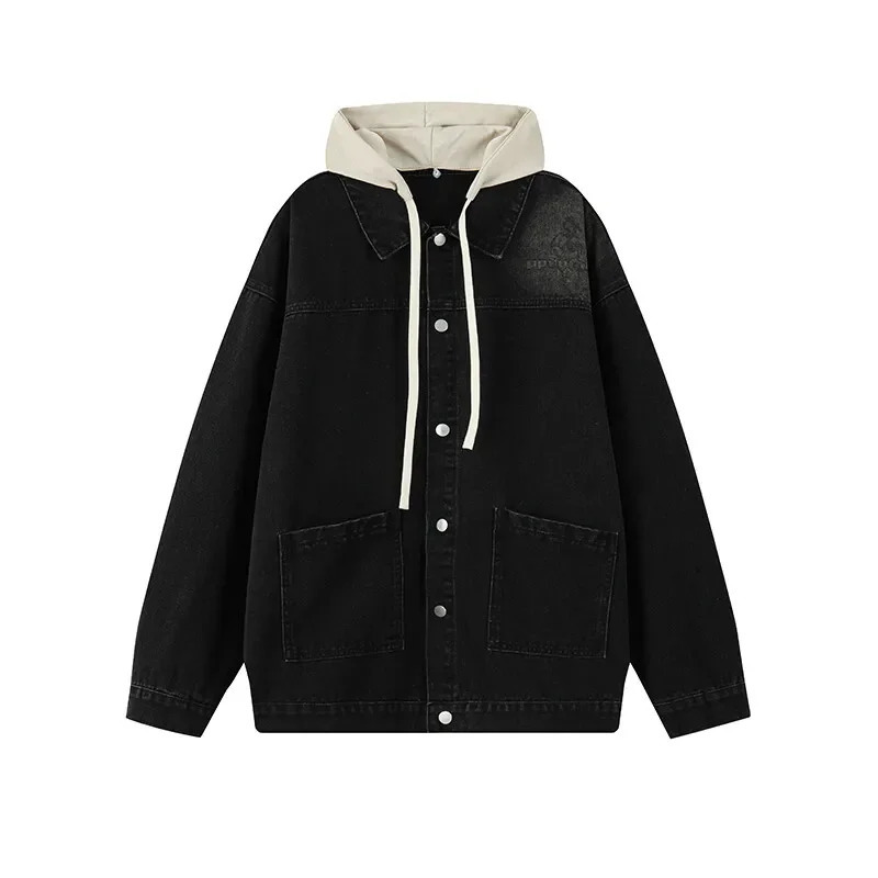 Street Style Denim Jacket Hoodie For Men Stitching Single Breasted Hoodies Slim Fit Coat Jean Jackets Streetwear 250614