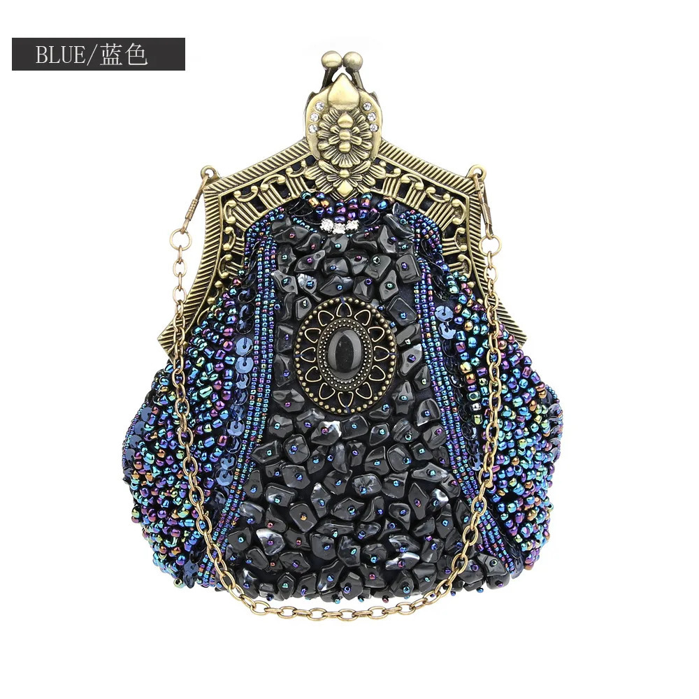 Retro Fashion Pearl Sequin Beaded Clutches Handbag for Women Vintage Antique Gold Color Chain Shoulder Bag Party Evening Bags 250614