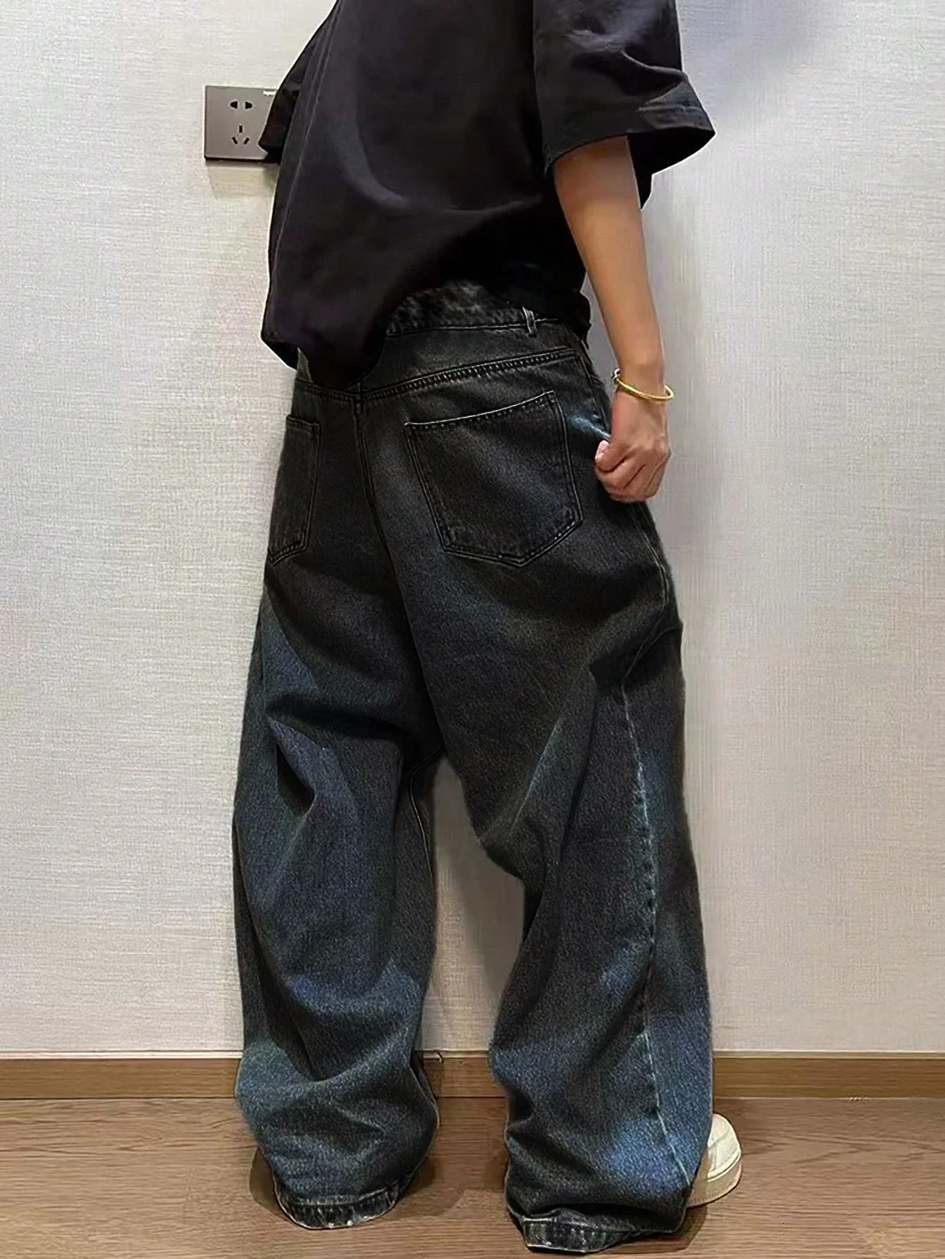 Pop 1Pc Mens Wide Pants Brushed Jeans Y2K Rocks Buggy Black HipHop Pants 250614