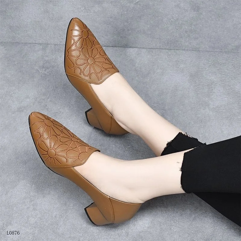 women cute black pointed toe patent leather floral slip on square heel shoes for office lady casual brown sexy party pumps a425 250614