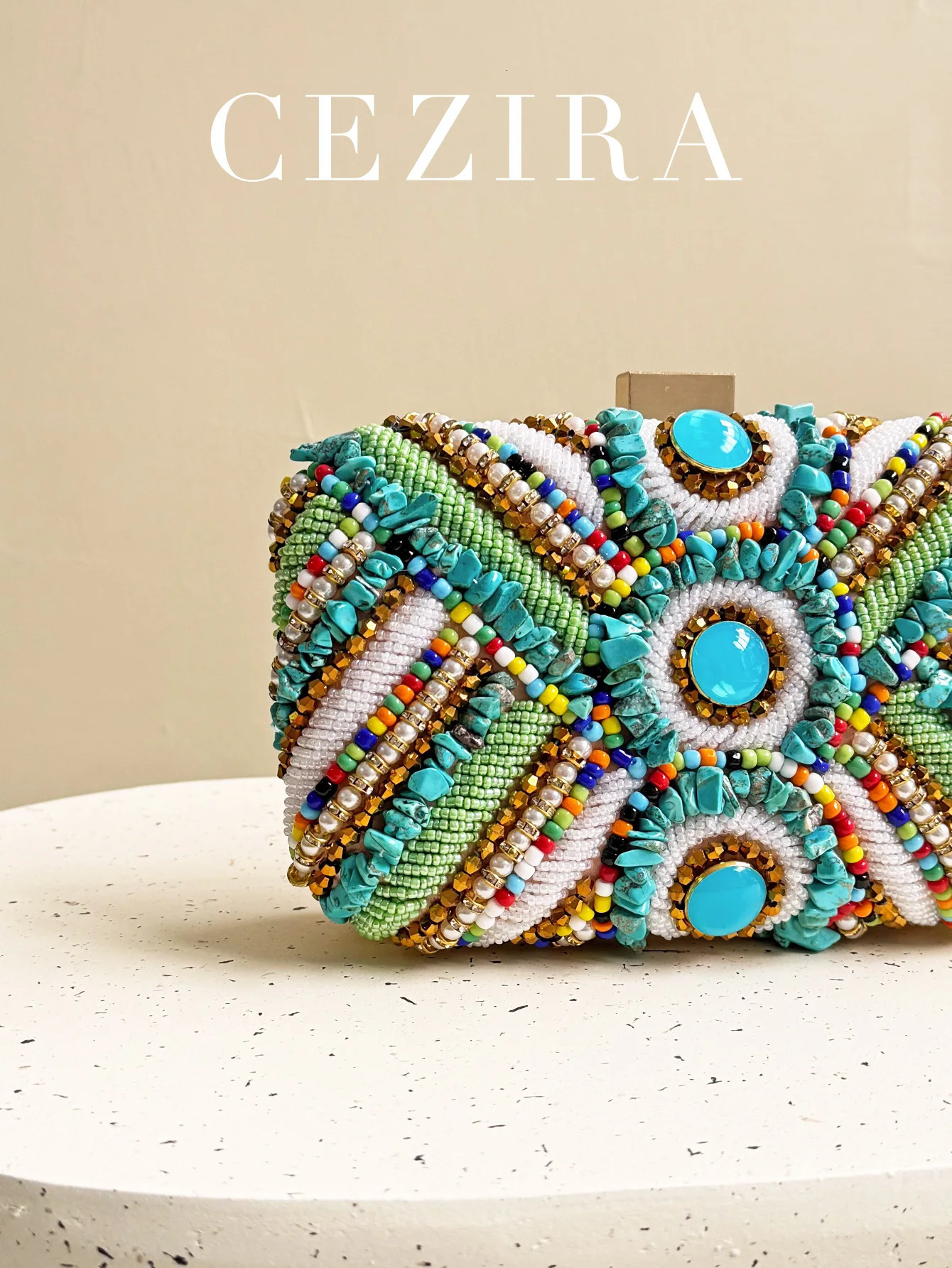 CEZIRA Womens Glamorous Luxury Colorful Beads Pearls Clutch Metal Frame Case Evening Bag Long Chain Purse Party Wedding Holiday 250614