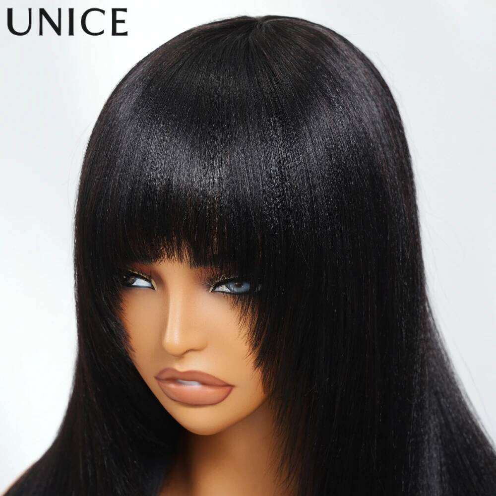 Unice Yaki Straight With Bangs Layered Cut Human Hair Wigs Breathable Cap Full hine Made Wig 150% Density
