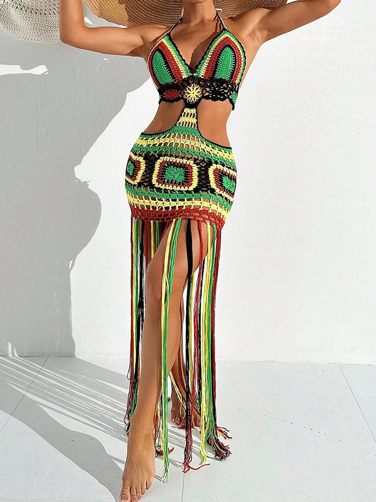 Women Summer Crochet Halter Deep V Neck Cover Ups Multicolor Swimsuit Long Tassel Bikini Knit Dress CoverUps Backless Beachwear 250611
