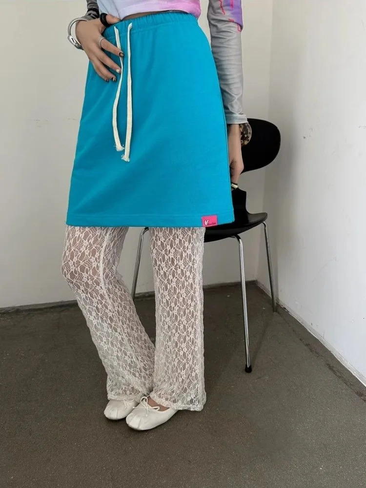 Sexy Lace Mesh White Pants for Women Y2k High Waist Hollow Out Flare Summer Thin Allmatch Straight Trousers 250612