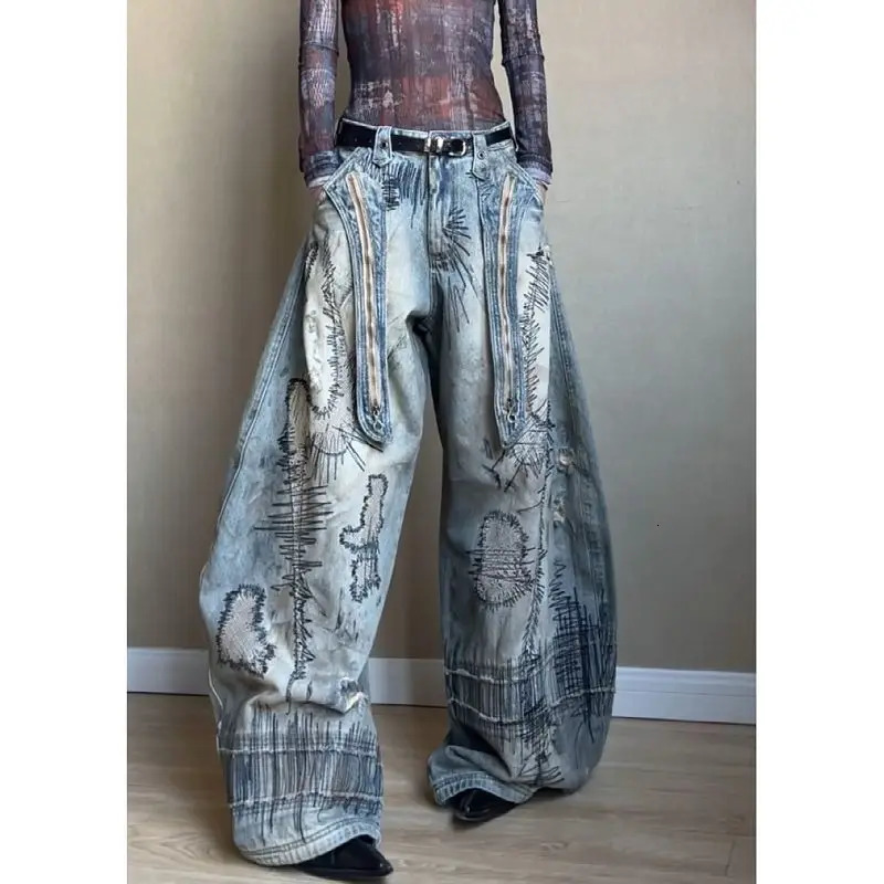 American Retro Washed Denim Jeans with Distressed and Printed n Loose Wideleg Streetwear Pants for Women 250612