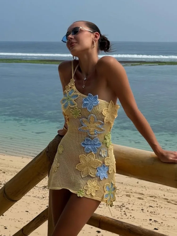 Sexy Knit Dress Women Hollow Out 3D Flower Skew Shoulder Backless Bandage Short Beach Dresses Summer Ladies Vacation Robes 250612