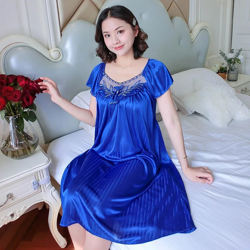 Womens Ice Silk Nightgowns Sleeping Dress Medium Length Short Sleeve Nightdress Sexy Sleepwear Home Wear Loungewear Pajama Femme 250611