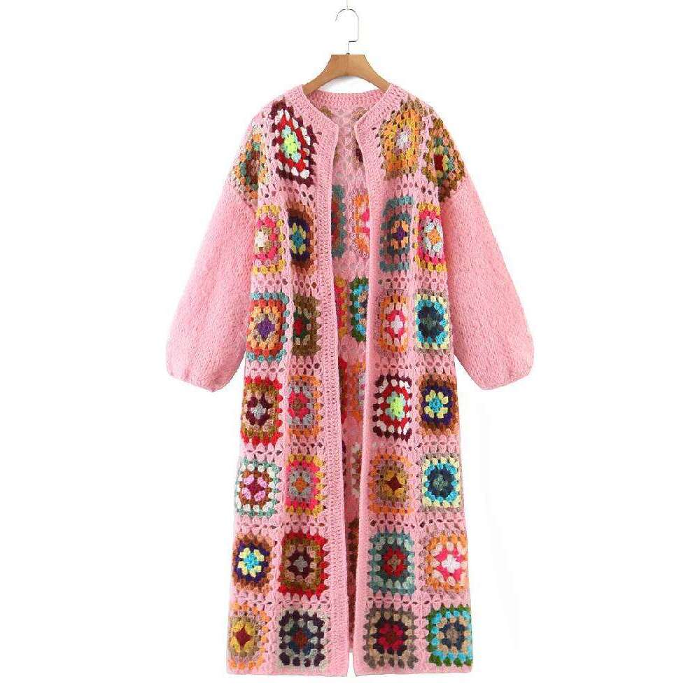 2022 BOHO Colored Plaid Flower Hand Crochet Cardigan Woman O neck Open ing Long Sweater Knitwear Holiday Jumper Gray