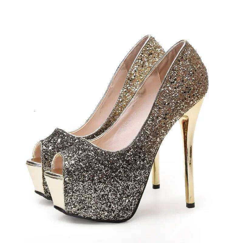 High Platform Woman's Peep Toe Pumps Gold Sier Wedding Bridal Heels Banquet Ladies 2023 Elegant Women Heeled Shoes