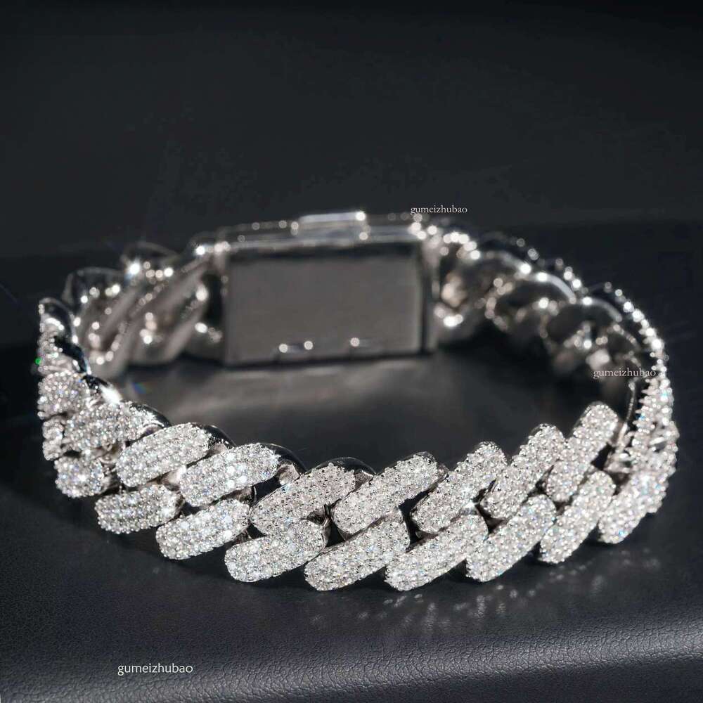 Wholesale Sterling Sier VVS Moissanite Iced Out 16mm 3 Rows Dia Link Chain Necklace Cuban Bracelet