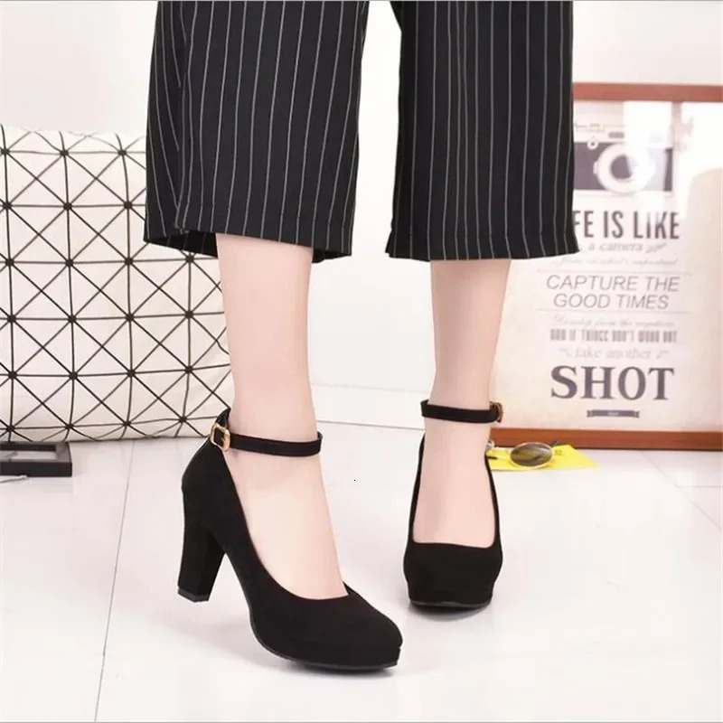 Spring Women Pumps Flock Sweet Thick High Heels Ankle Strap Female Platform Classic Round Toe Dress Cute Shoes Ladies Footwear 250614