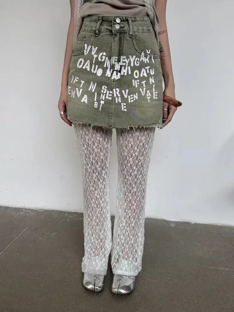 Sexy Lace Mesh White Pants for Women Y2k High Waist Hollow Out Flare Summer Thin Allmatch Straight Trousers 250612