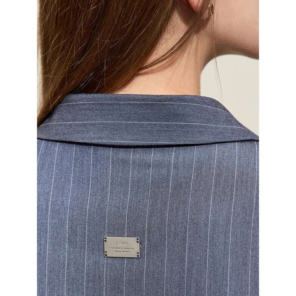 AMII Minimalism 2024 Women Shirts Spring New Commuter Striped Flare Sleeve Lapel Loose Mid-Length Trendy Shirt Female 12441071