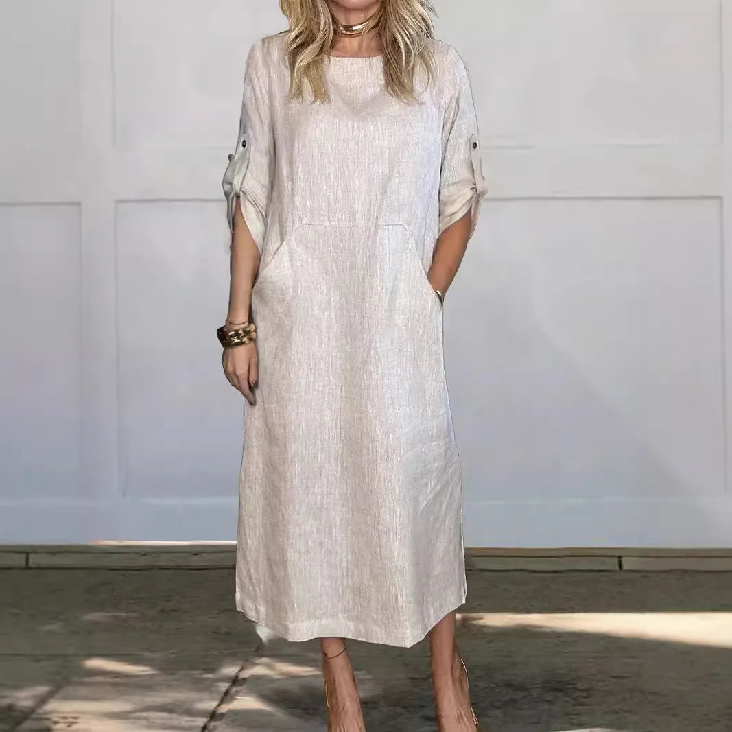 Cotton Linen Dress For Women Summer Loose Casual Solid Color Shortsleeved Pockets Long Dresses Elegant Womens Clothing 250611