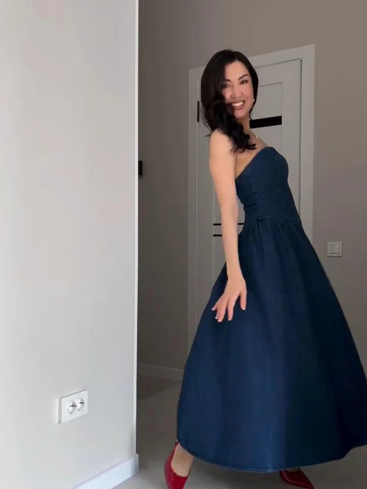 Fashion Off Shoulder Dress For Women Denim Backless Sleeveless Slim Long Dresses Female 2025 Spring Summer Lady Vestidos 250609