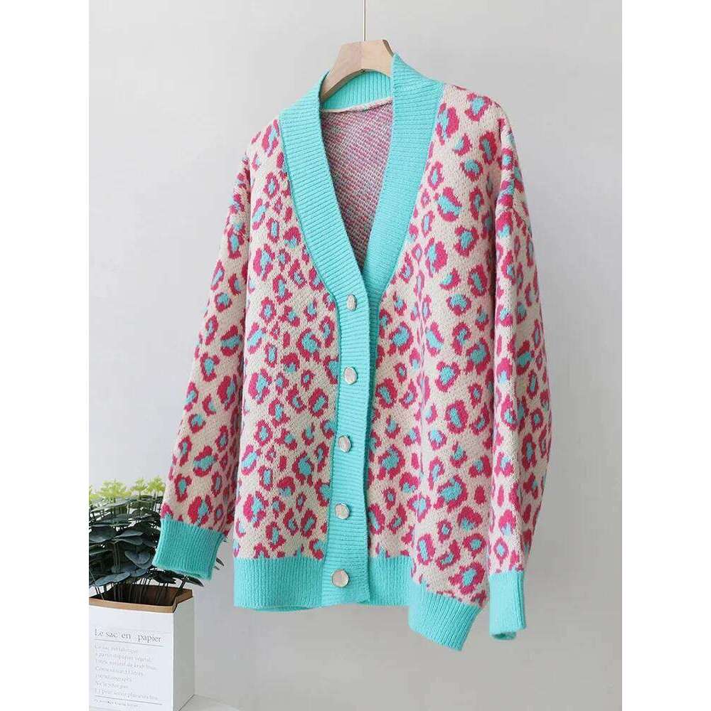 Aoaiiys Leopard Knitted Cardigan for Women Sweater Contrast Color Button V-neck Long Sleeve Coat Autumn Winter Fashion Cardigans