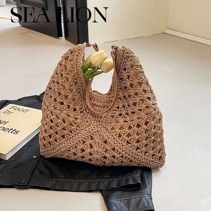 Summer Straw Hollow Out Hobo Large Vacation Bag Solid Color Holiday Travel Handbag Boho Shoulder Purse For Women
