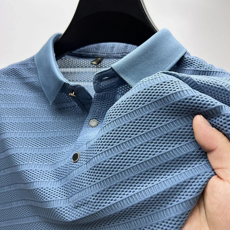 Summer High End Mesh Hollowed Out Ice Silk Short Sleeve T-shirt Mens Lapel Breathable Polo Shirt Men Clothing 250614