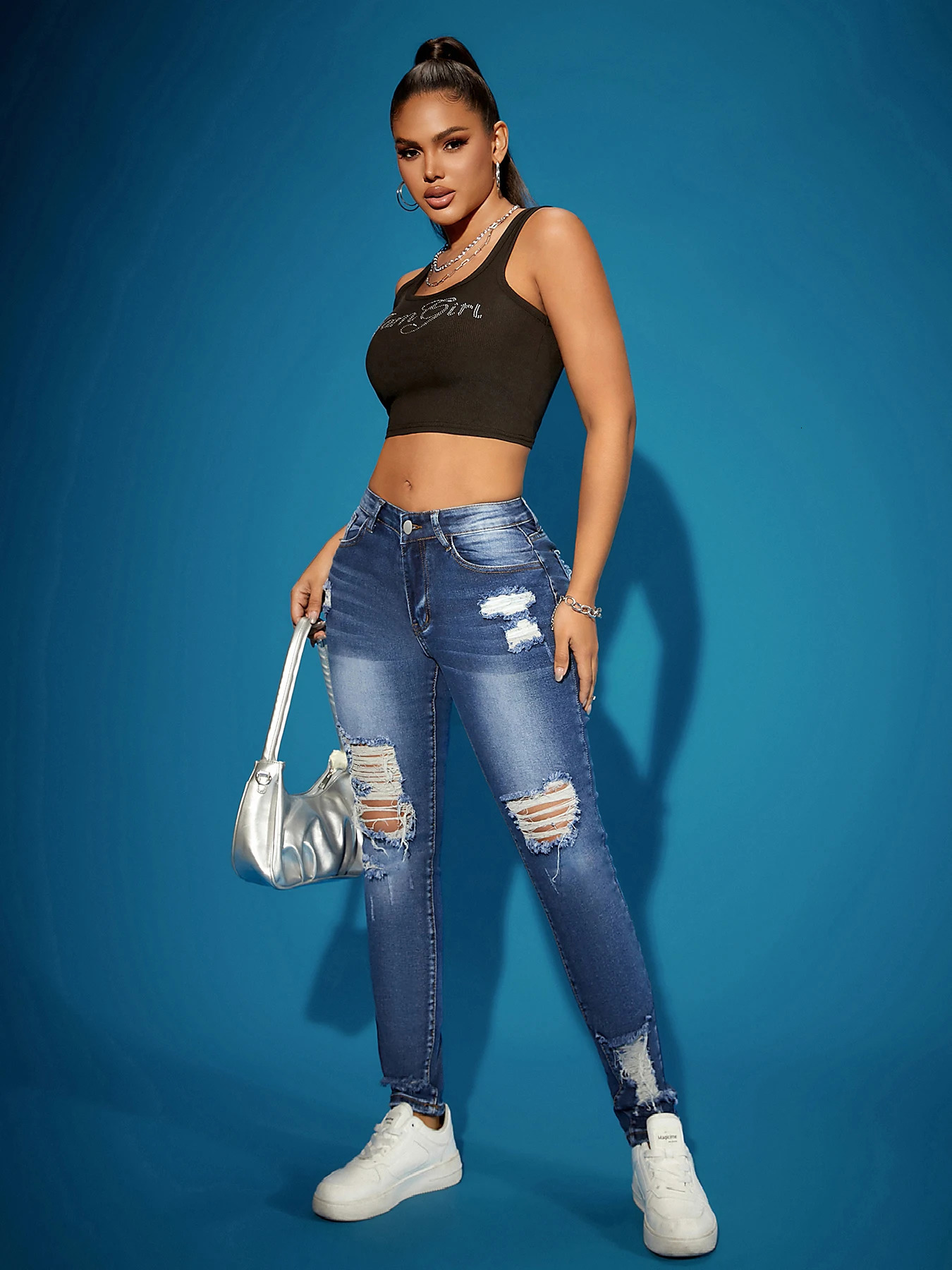 Womens Ripped Super Stretch Skinny Jeans High Waist Tummy Control Black Destroyed Vintage Nightclub Trendy Selling 250612